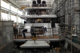 Luxury motor yacht Param Jamuna IV being prepared for her launch